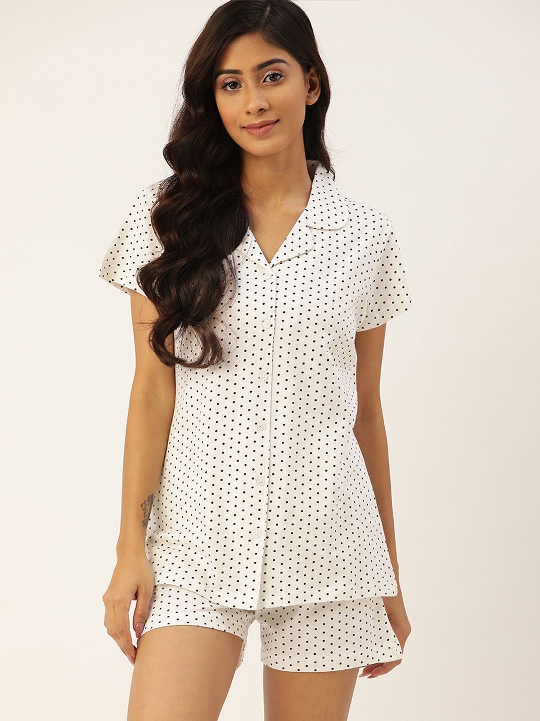 ETC Women White & Black Pure Cotton Polka Dots Printed Shorts Set Price in India