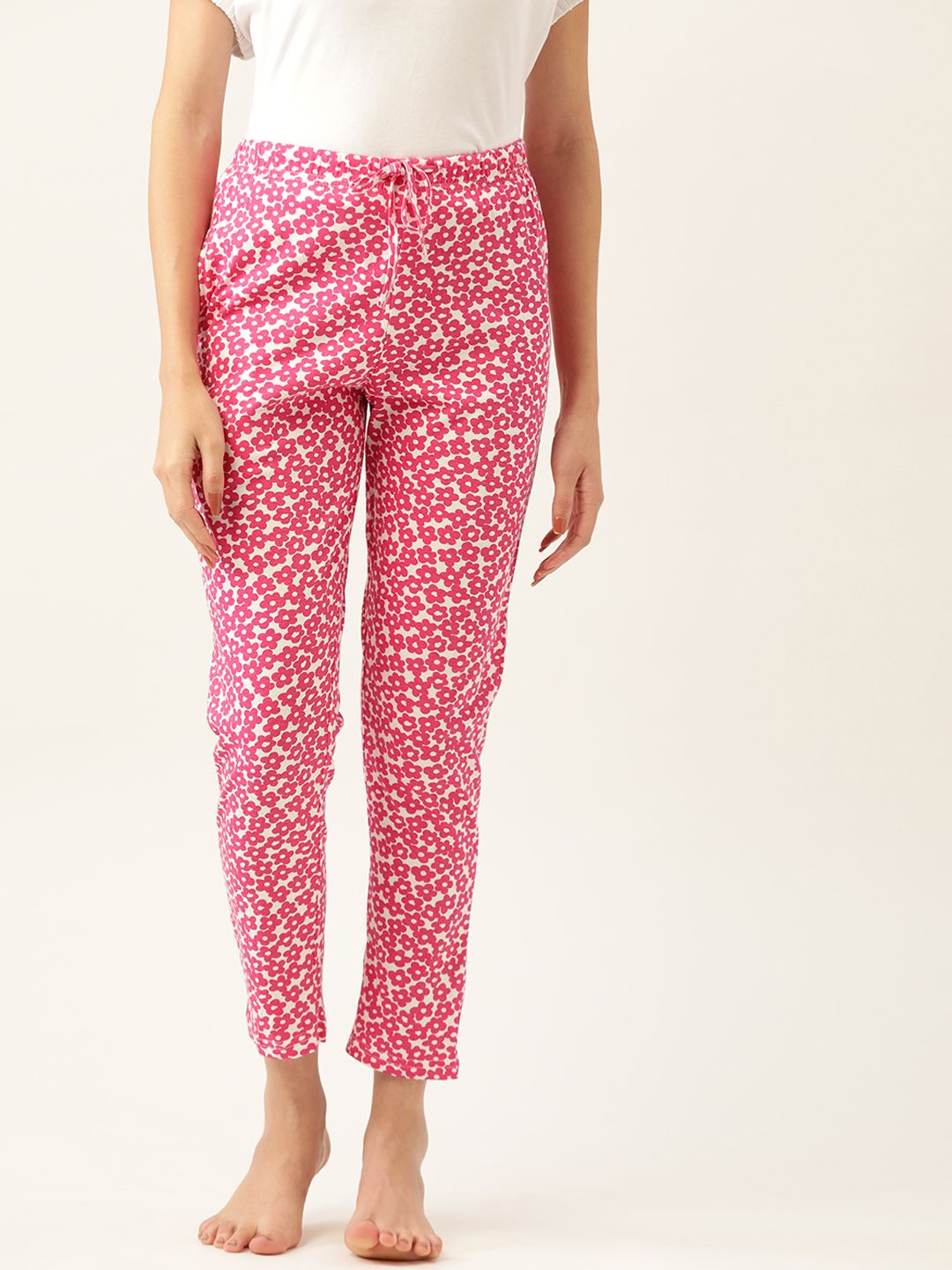 ETC Women Pink & White Floral Print Cotton Lounge Pants Price in India