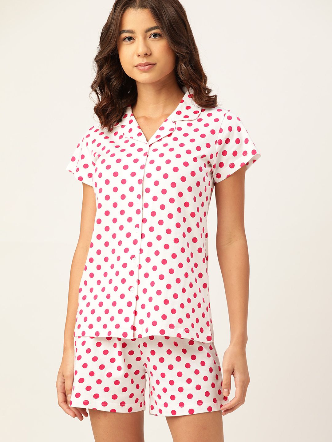 ETC Women White & Pink Pure Cotton Polka Dots Print Shorts Set Price in India