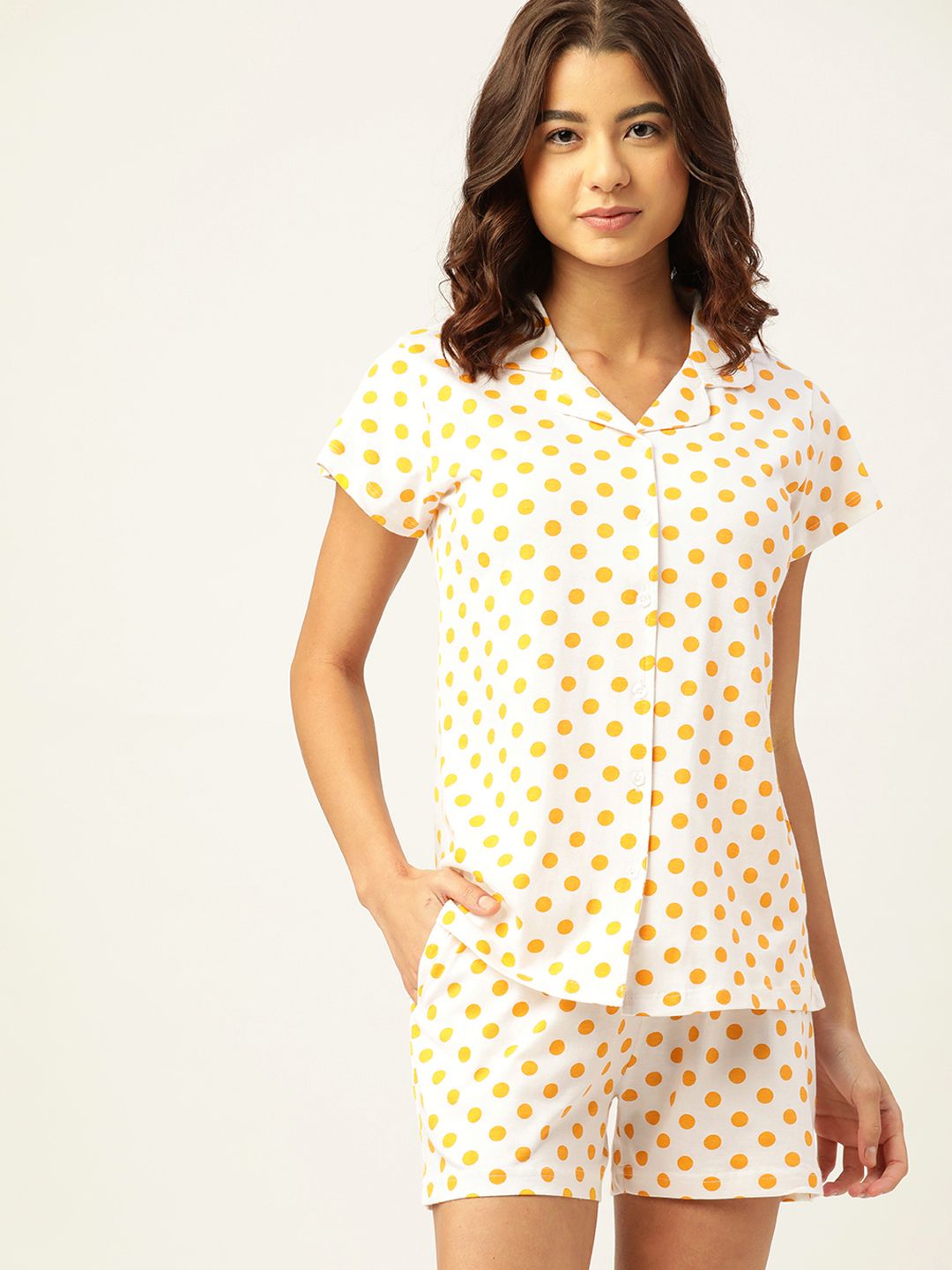 ETC Women White & Orange Pure Cotton Polka Dots Print Shorts Set Price in India