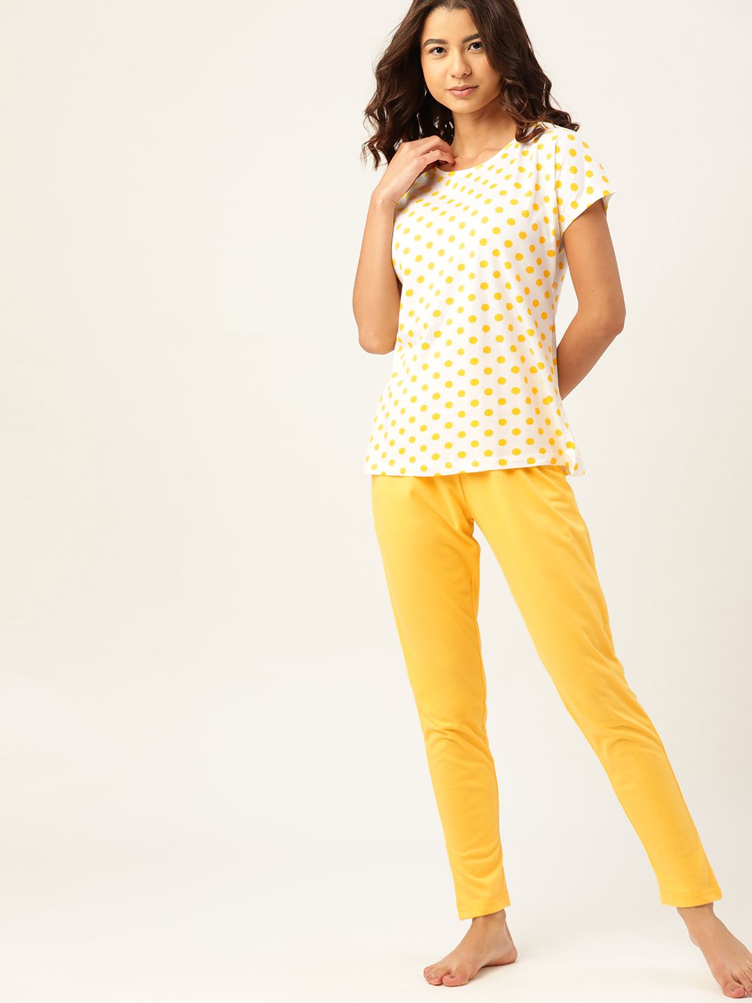 ETC Women White & Yellow Pure Cotton Polka Dots Print Pyjama Set Price in India