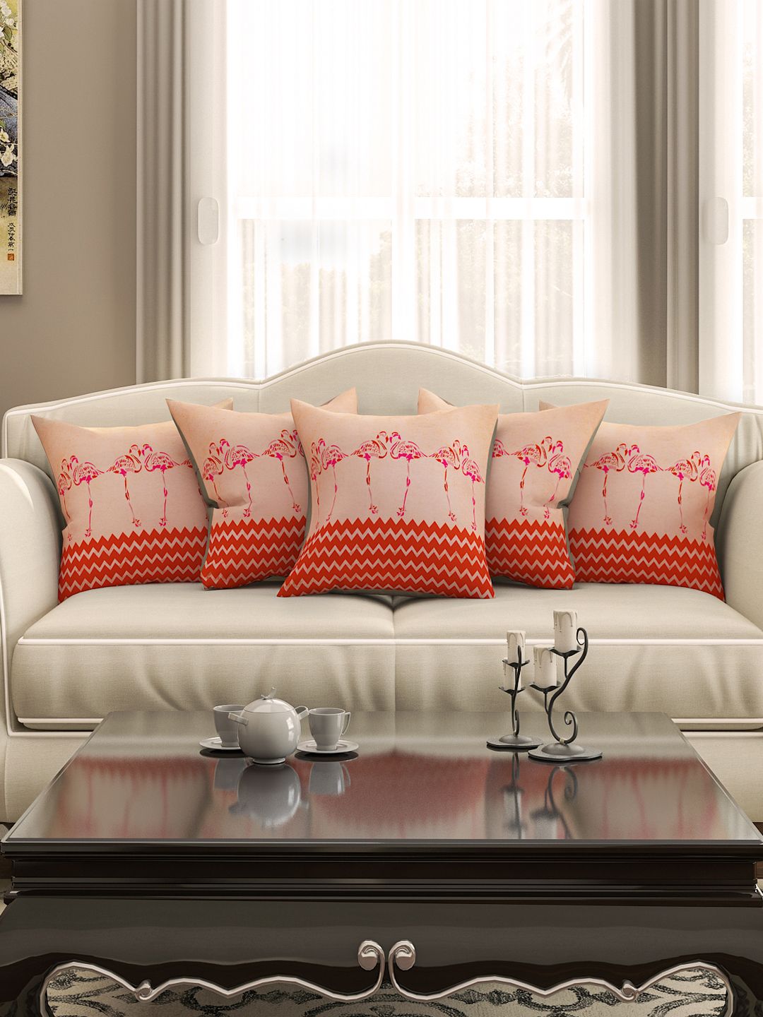 SEJ by Nisha Gupta Orange Set of 5 Printed 16'' x 16'' Square Cushion Covers Price in India