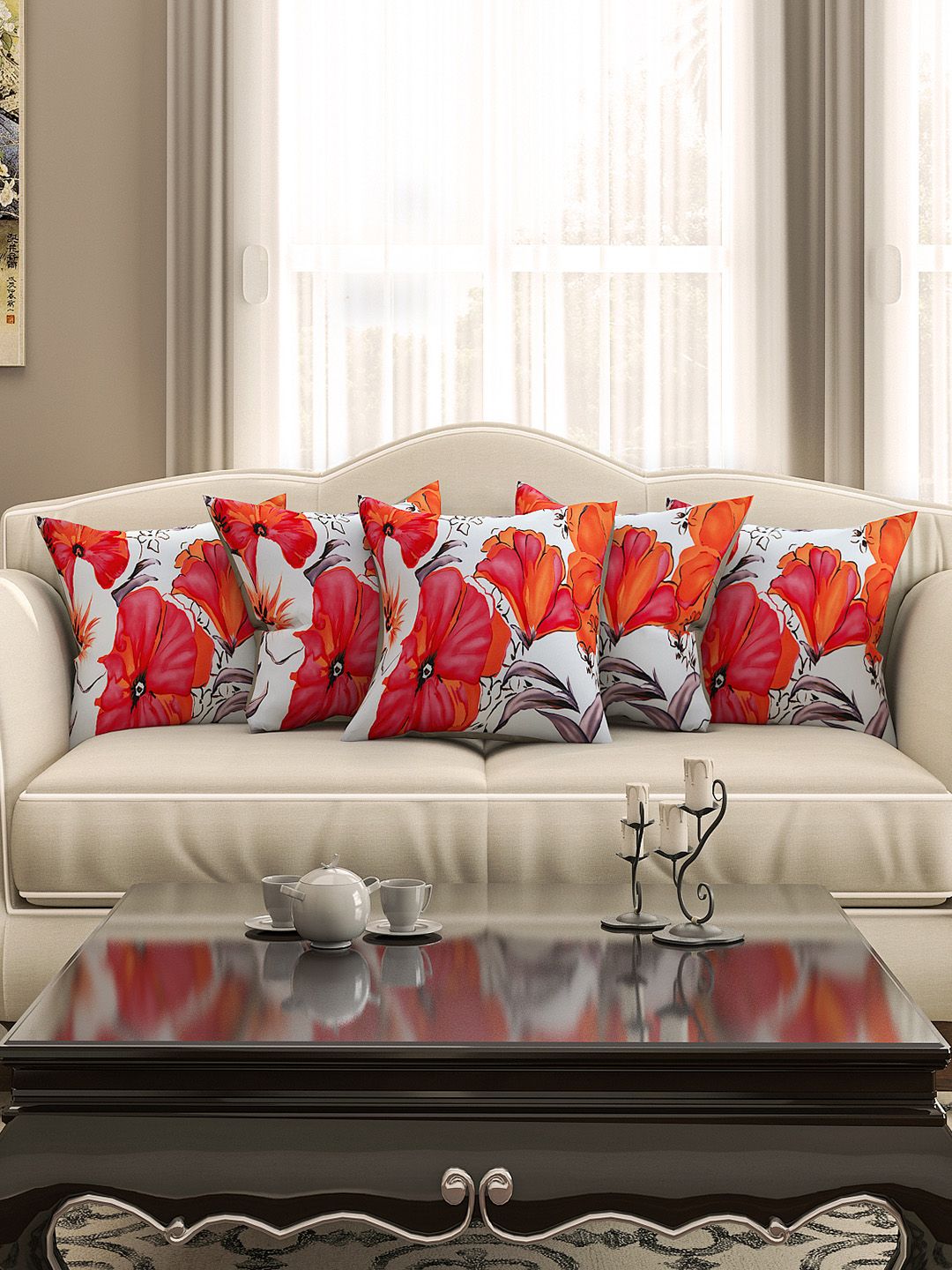 SEJ by Nisha Gupta White Set of 5 Printed 16'' x 16'' Square Cushion Covers Price in India