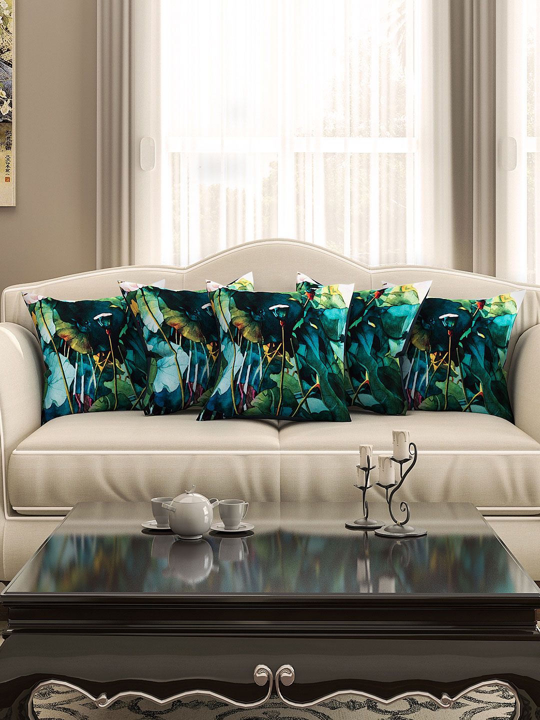 SEJ by Nisha Gupta  Green Set of 5 Tropical Print 16'' x 16'' Square Cushion Covers Price in India