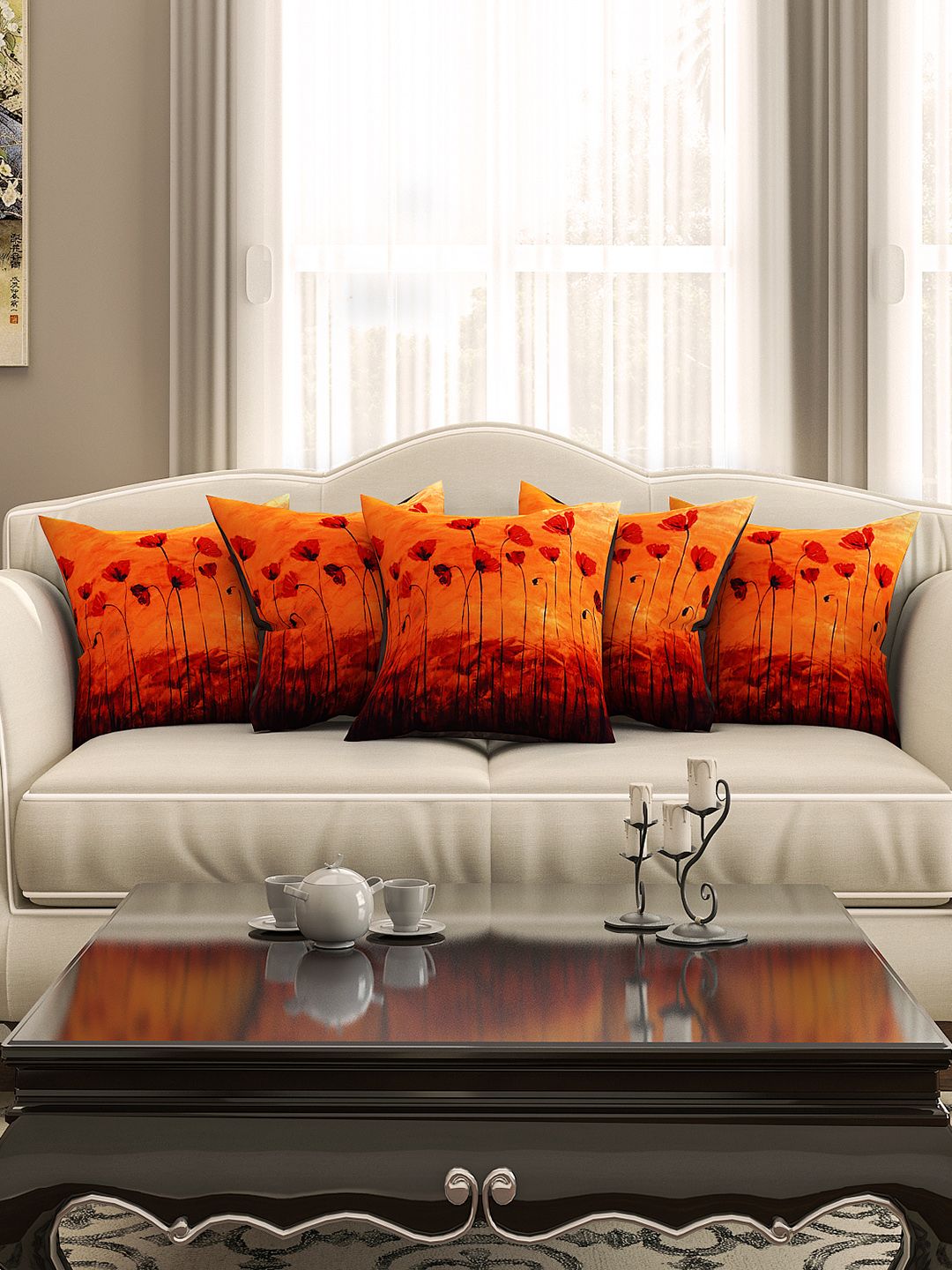 SEJ by Nisha Gupta Orange Set of 5 Printed 16'' x 16'' Square Cushion Covers Price in India