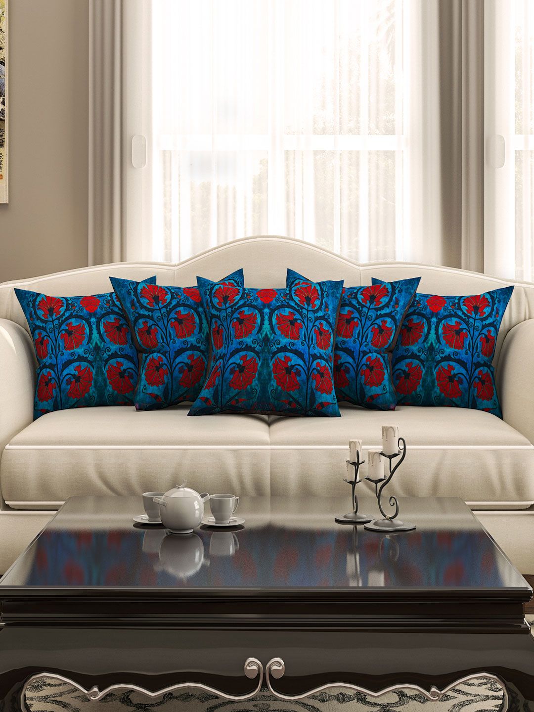 SEJ by Nisha Gupta Blue Set of 5 Printed 16'' x 16'' Square Cushion Covers Price in India