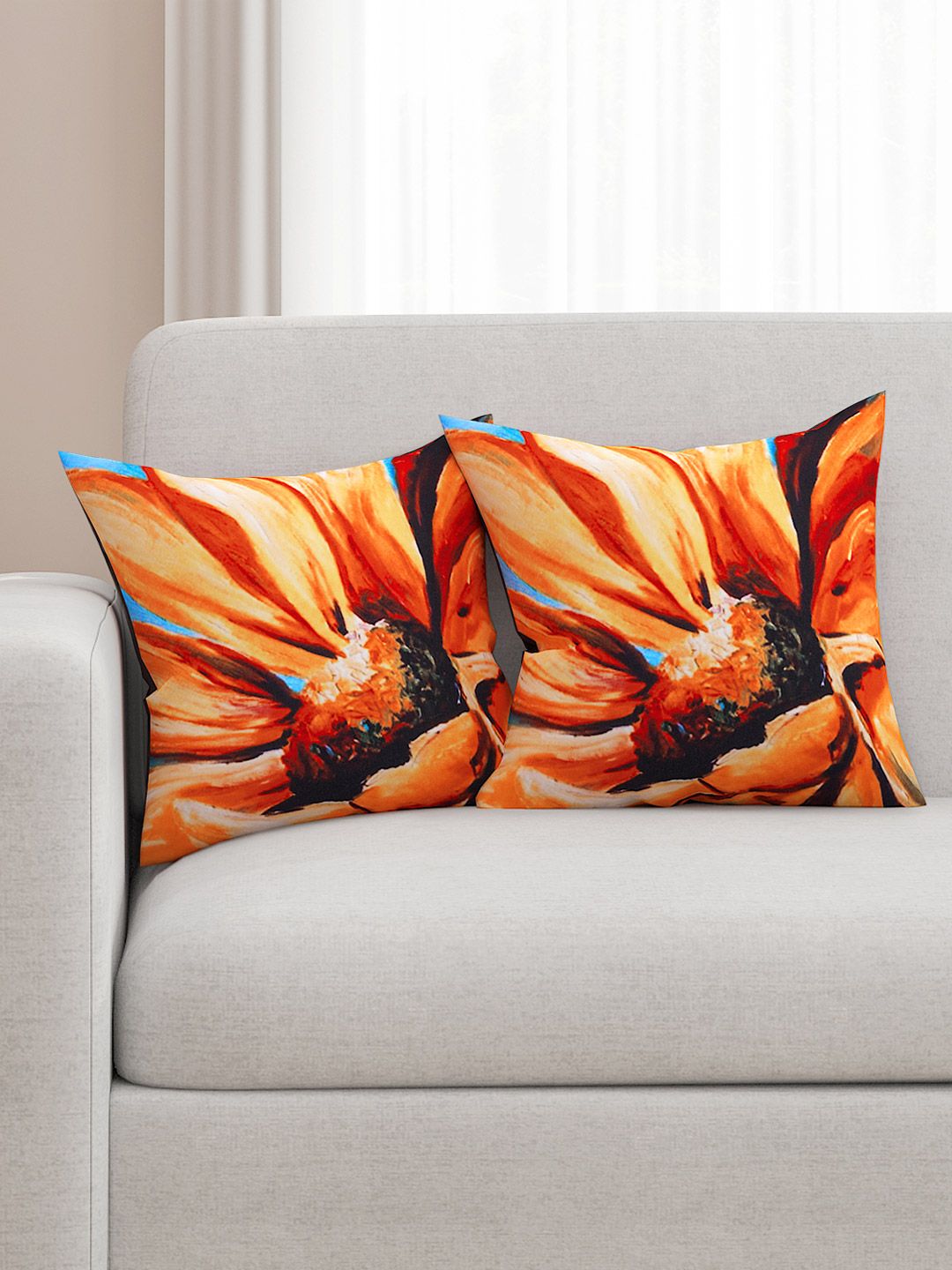 SEJ by Nisha Gupta Orange Set of 2 Printed 16'' x 16'' Square Cushion Covers Price in India