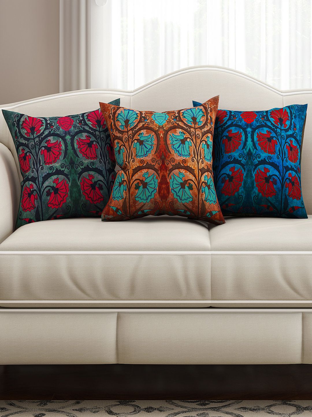 SEJ by Nisha Gupta Multicoloured Set of 3 Printed 16'' x 16'' Square Cushion Covers Price in India