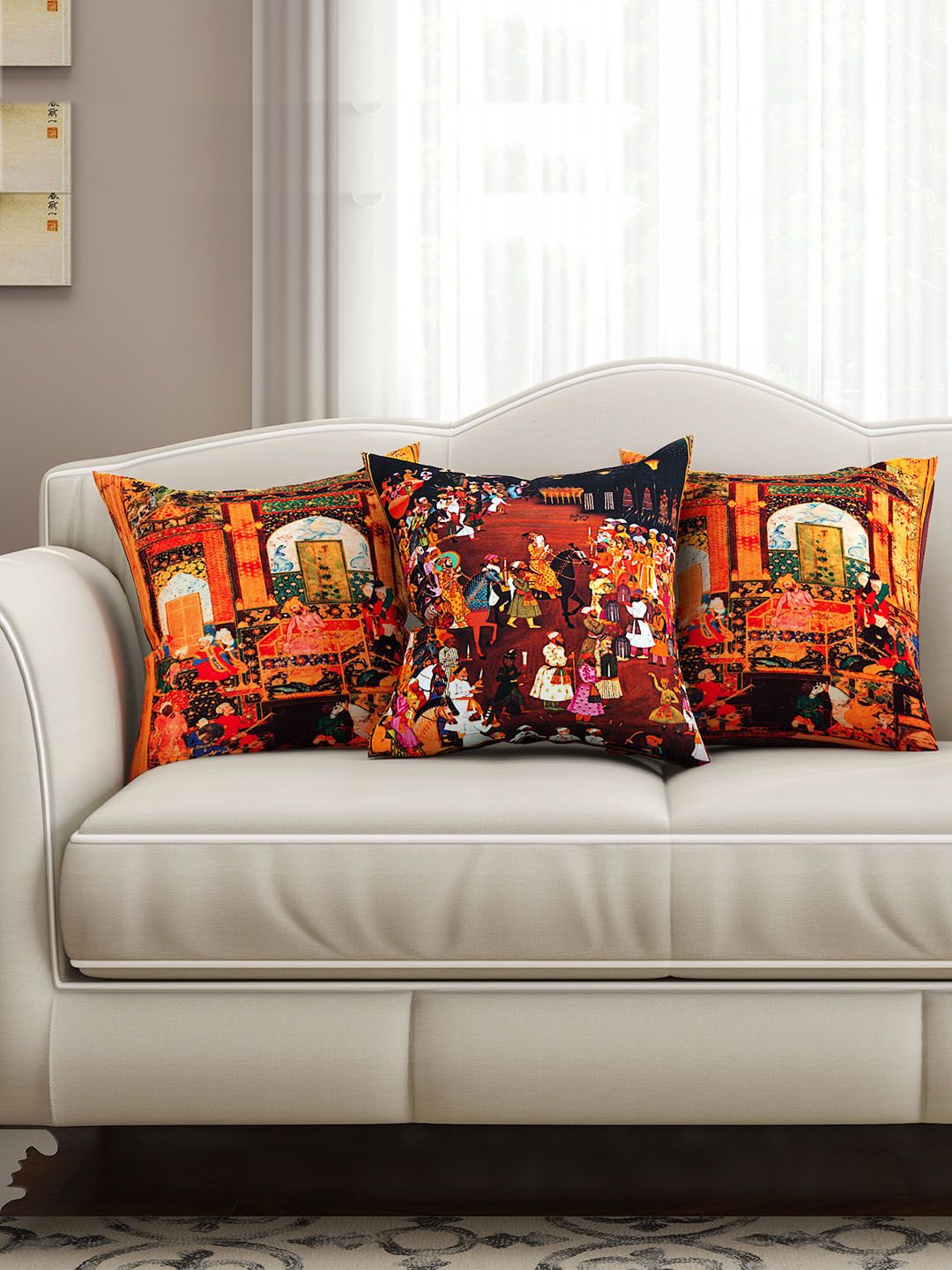 SEJ by Nisha Gupta Multicoloured Set of 3 Printed 16" x 16" Square Cushion Covers Price in India