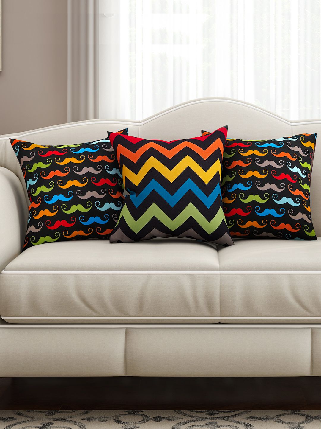 SEJ by Nisha Gupta Multicoloured Set of 3 Printed 16" x 16" Square Cushion Covers Price in India