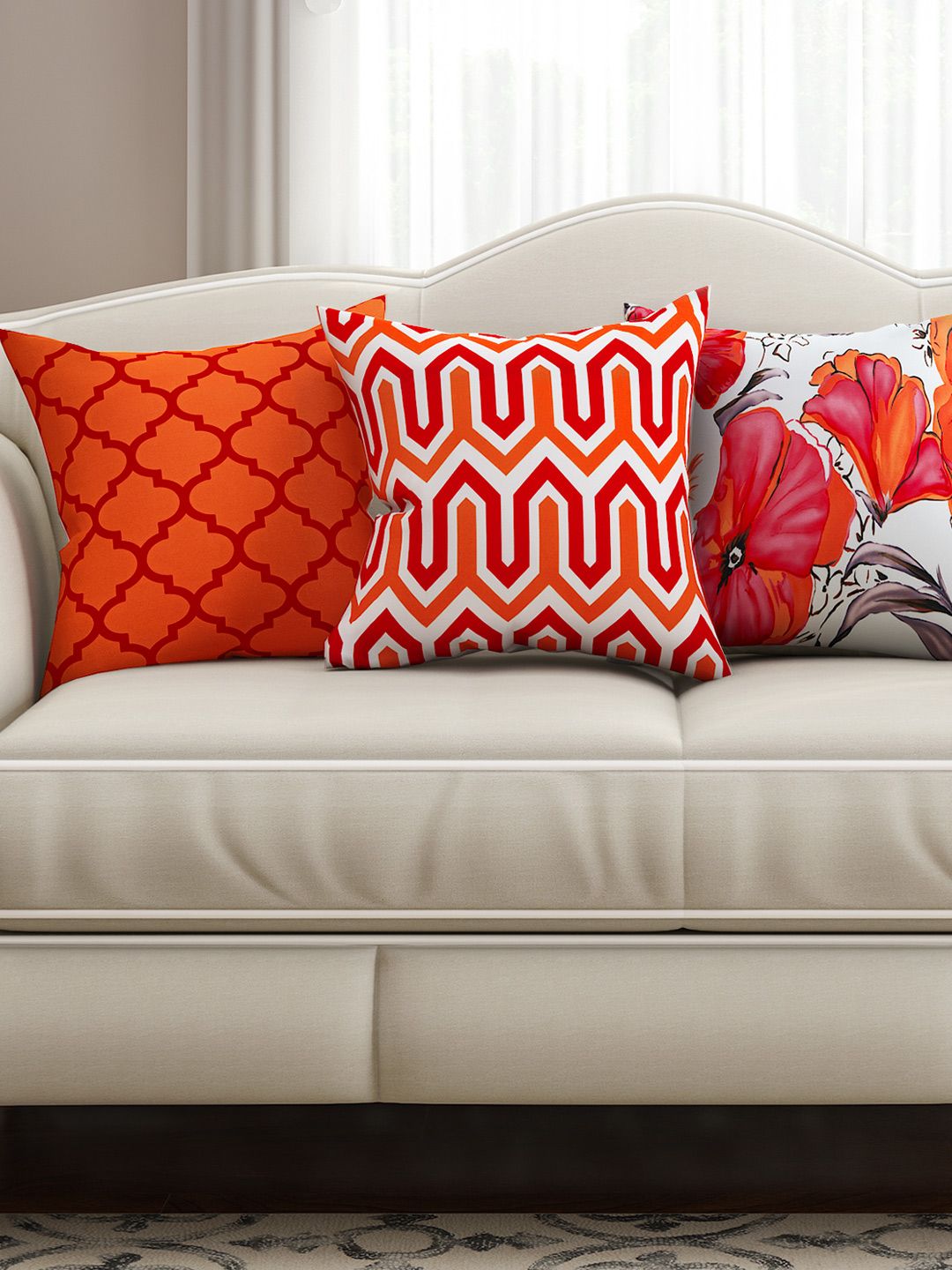SEJ by Nisha Gupta Orange & White 16" x 16" Set of 3 Square Printed Cushion Covers Price in India