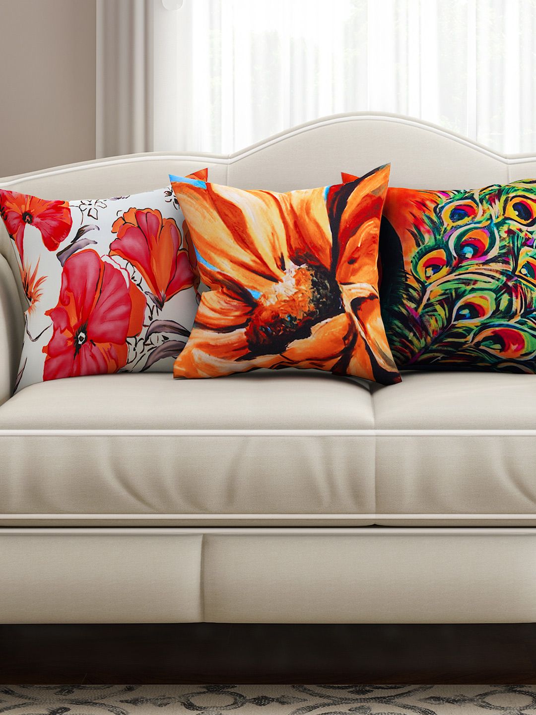 SEJ by Nisha Gupta Multicoloured 16" x 16" Set of 3 Square Printed Cushion Covers Price in India