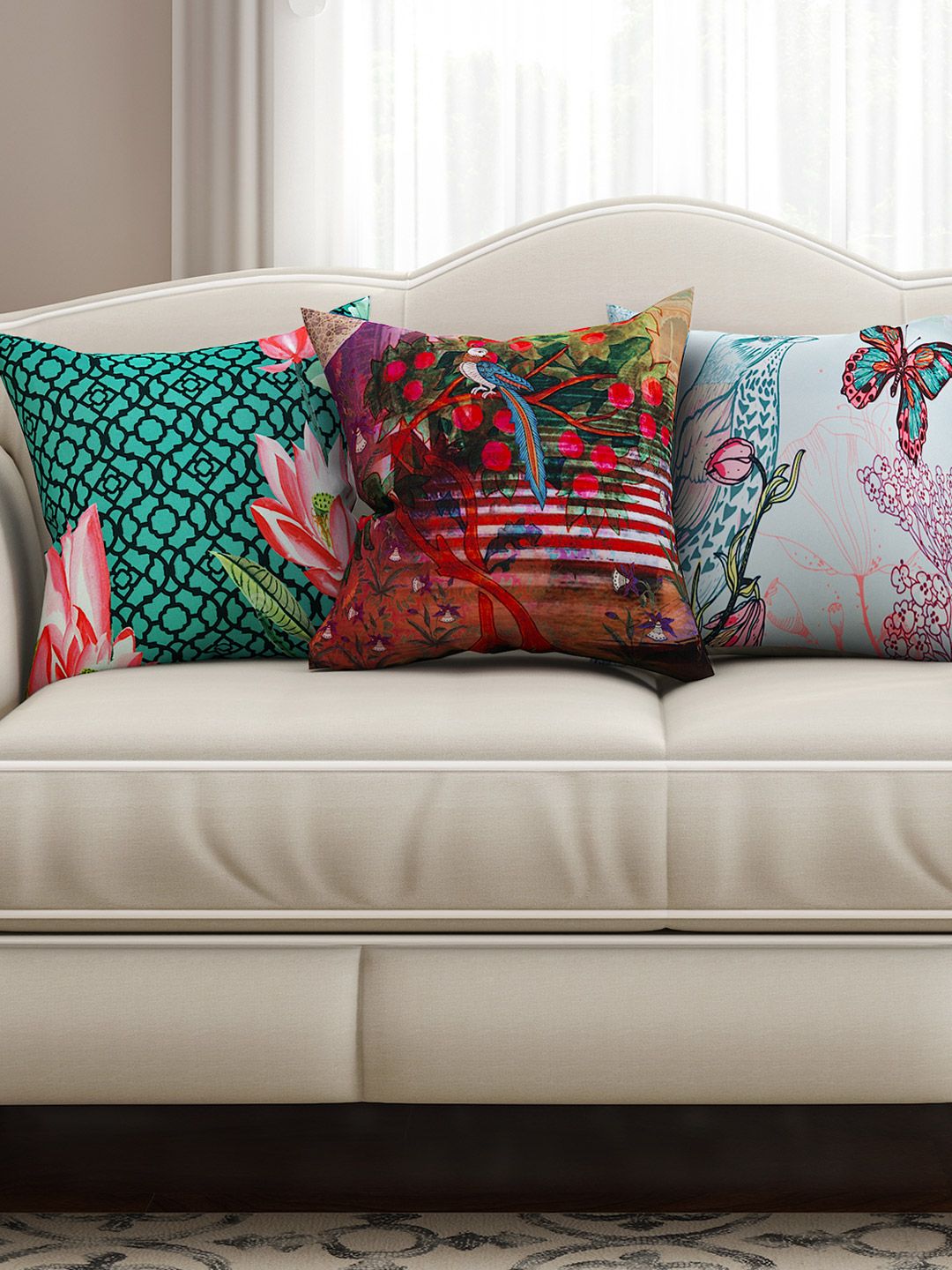 SEJ by Nisha Gupta Multicoloured 16" x 16" Set of 3 Square Printed Cushion Covers Price in India