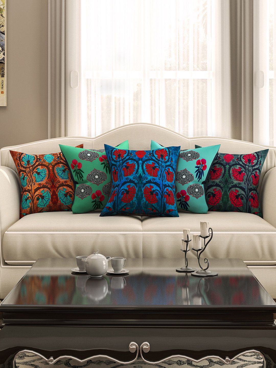 SEJ by Nisha Gupta Multicoloured 16" x 16" Set of 5 Square Printed Cushion Covers Price in India
