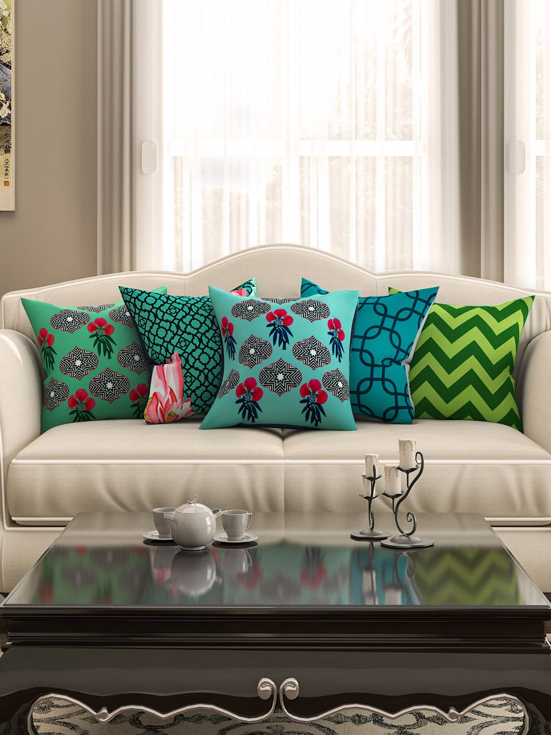 SEJ by Nisha Gupta Blue & Green 16" x 16" Set of 5 Square Printed Cushion Covers Price in India
