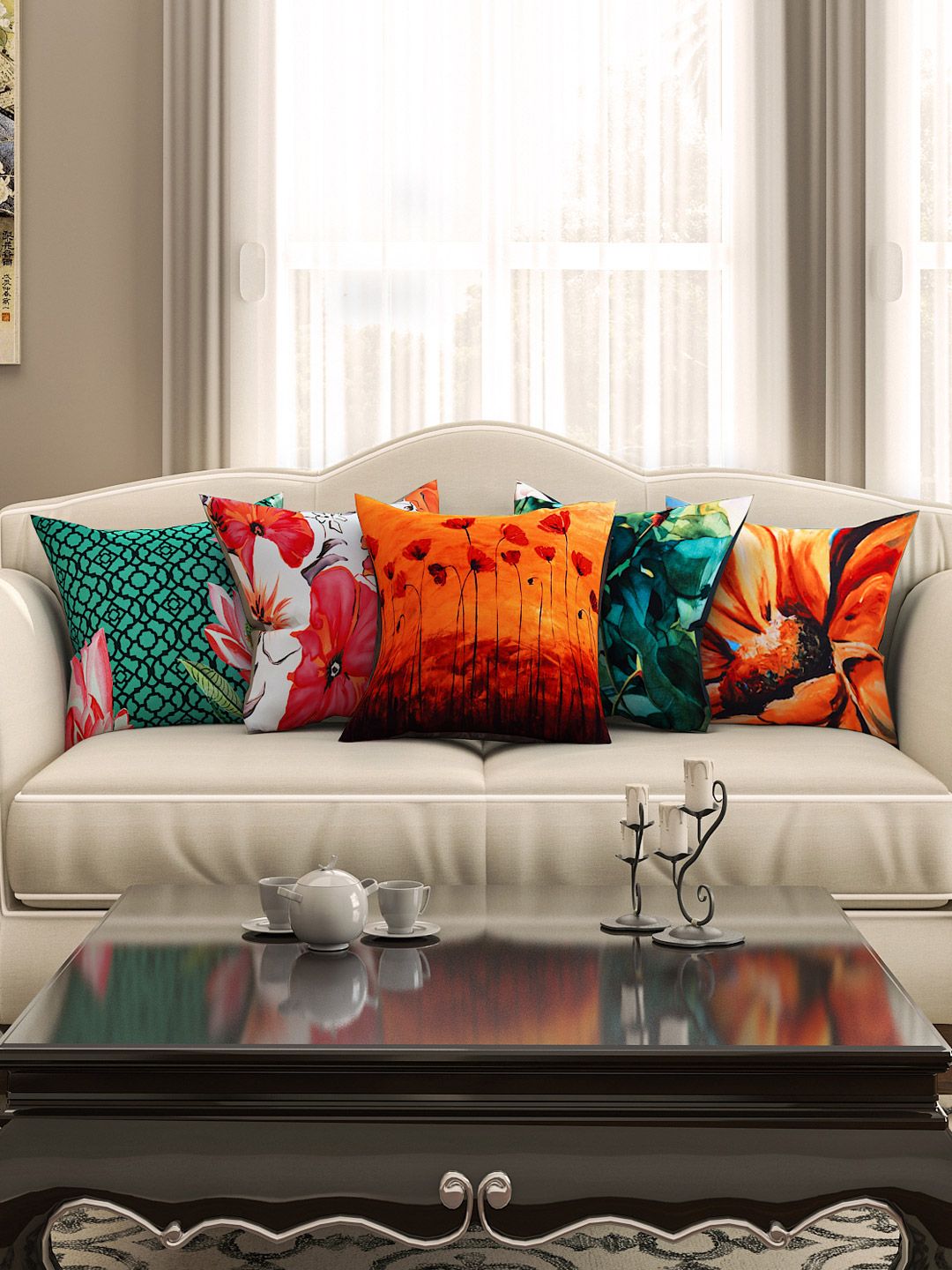 SEJ by Nisha Gupta Multicoloured 16" x 16" Set of 5 Square Printed Cushion Covers Price in India