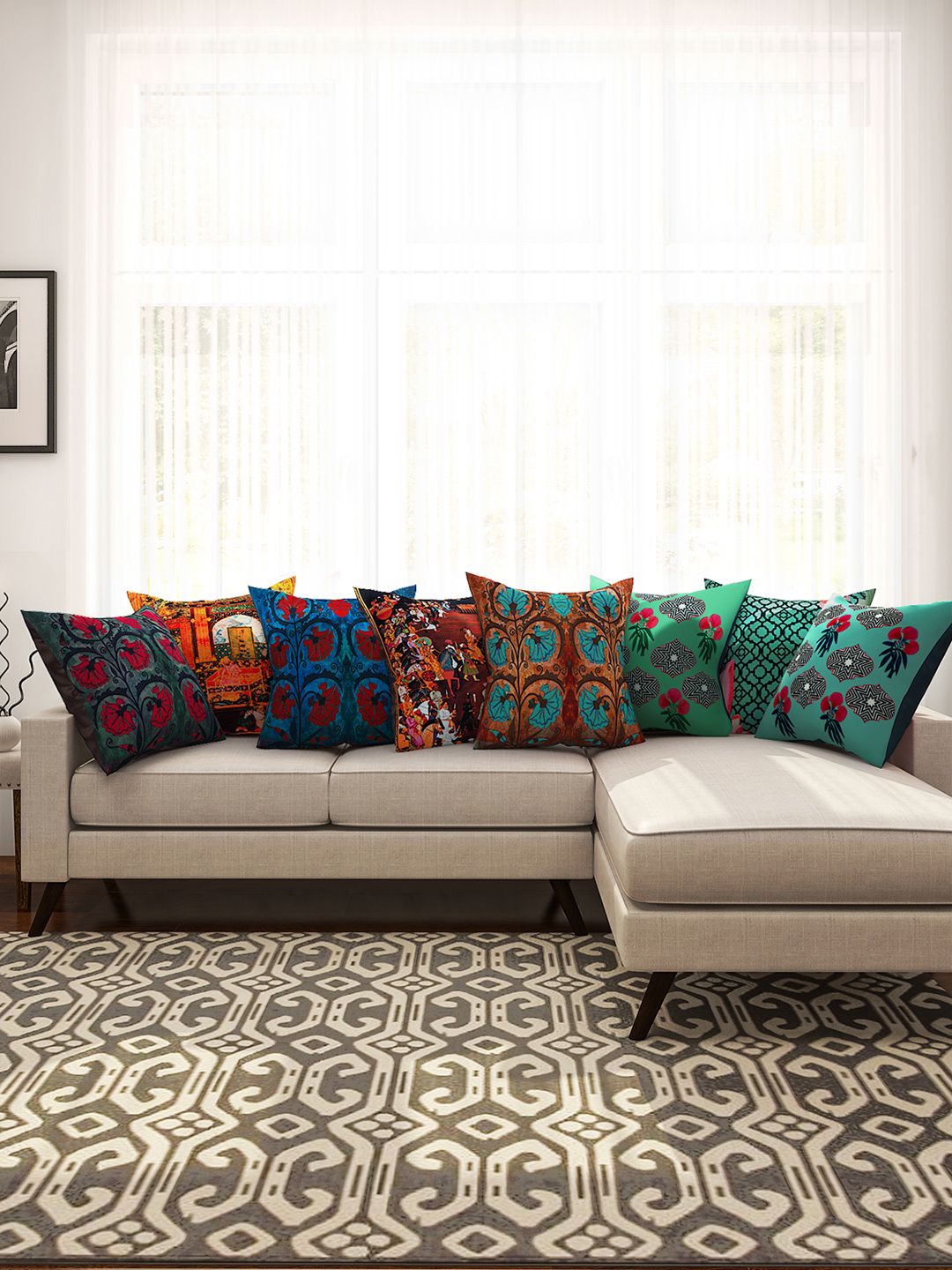 SEJ by Nisha Gupta Multicoloured Set of 8 Printed 16" x 16" Square Cushion Covers Price in India