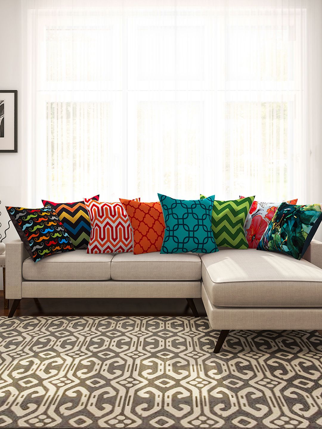 SEJ by Nisha Gupta Multicoloured Set of 8 Printed 16" x 16" Square Cushion Covers Price in India