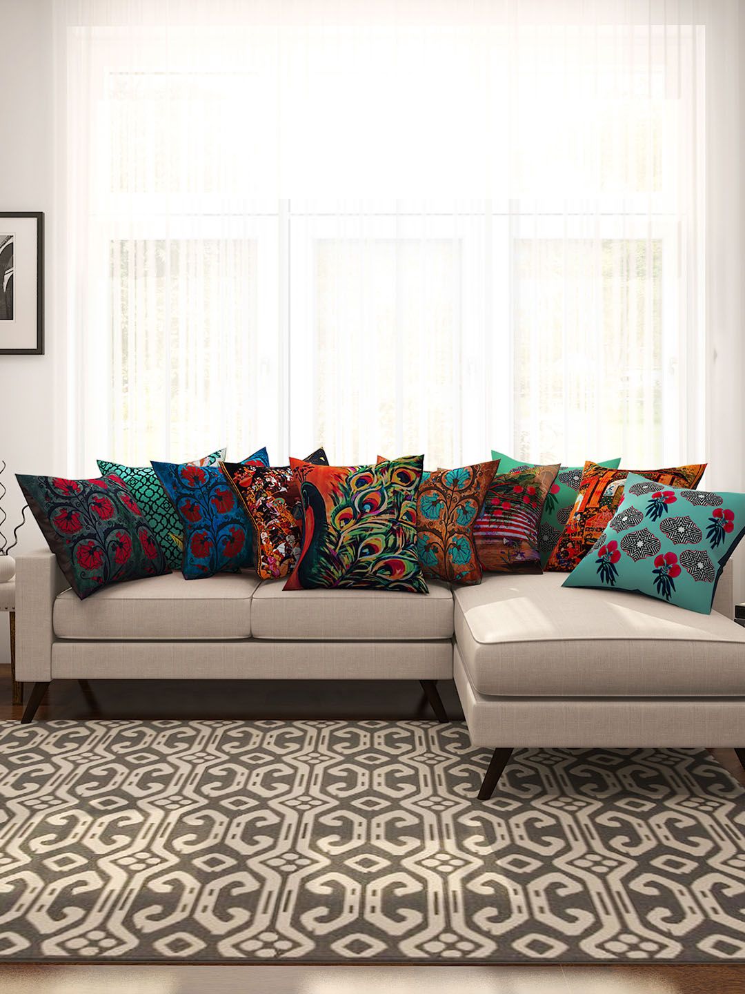 SEJ by Nisha Gupta Multicoloured Set of 10 Printed 16" x 16" Square Cushion Covers Price in India