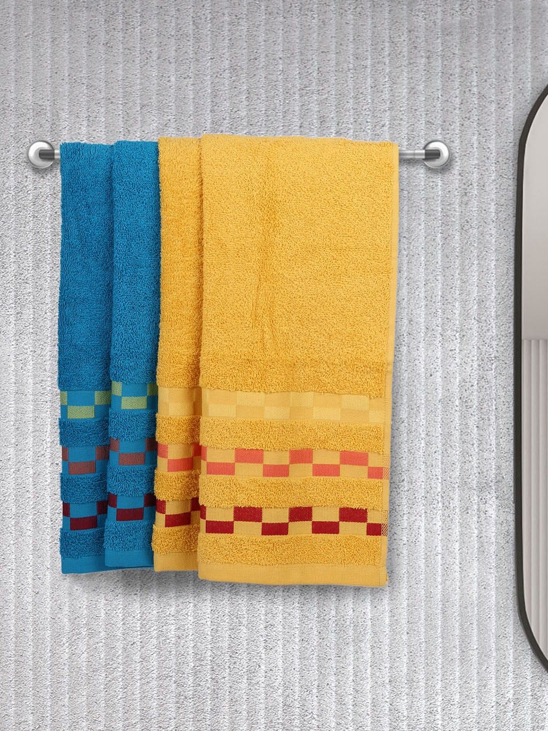 BIANCA Yellow & Blue Set Of 4 Mercerized Combed Cotton 450 GSM Bumpy-Striped Hand Towels Price in India