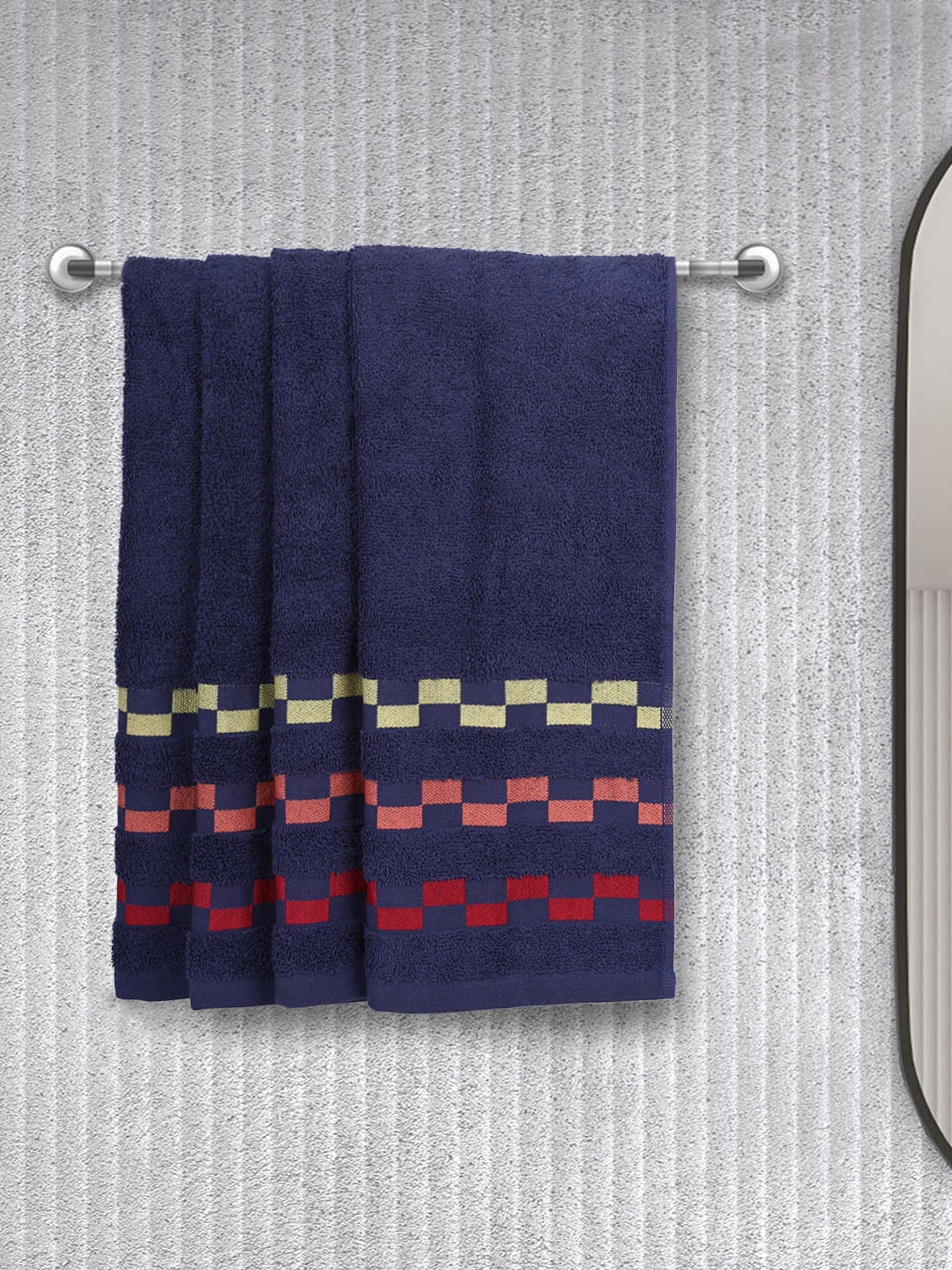 BIANCA Navy Blue Set Of 4 Mercerized Cotton 450 GSM Bumpy-Striped Hand Towels Price in India