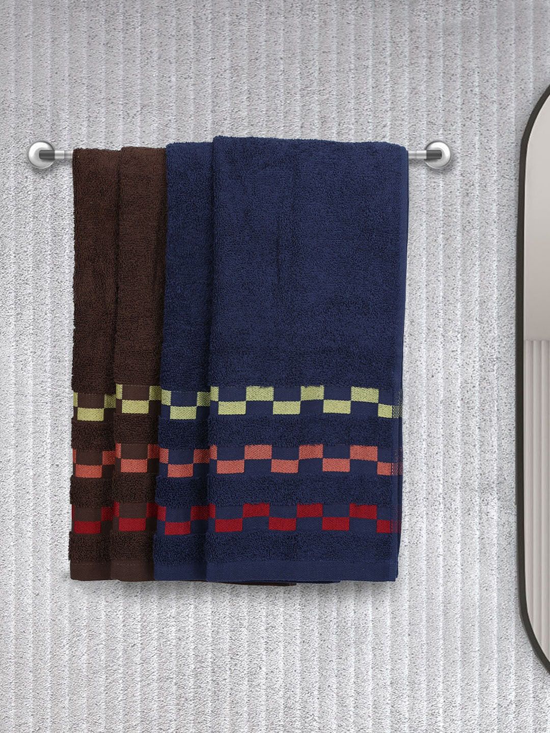 BIANCA Navy Blue & Brown Set Of 4 Mercerized Cotton 450 GSM Bumpy-Striped Hand Towels