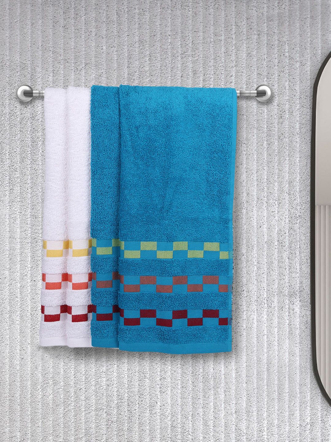 BIANCA Blue & White Set Of 4 Mercerized Combed Cotton Bumpy-Striped Towels Price in India