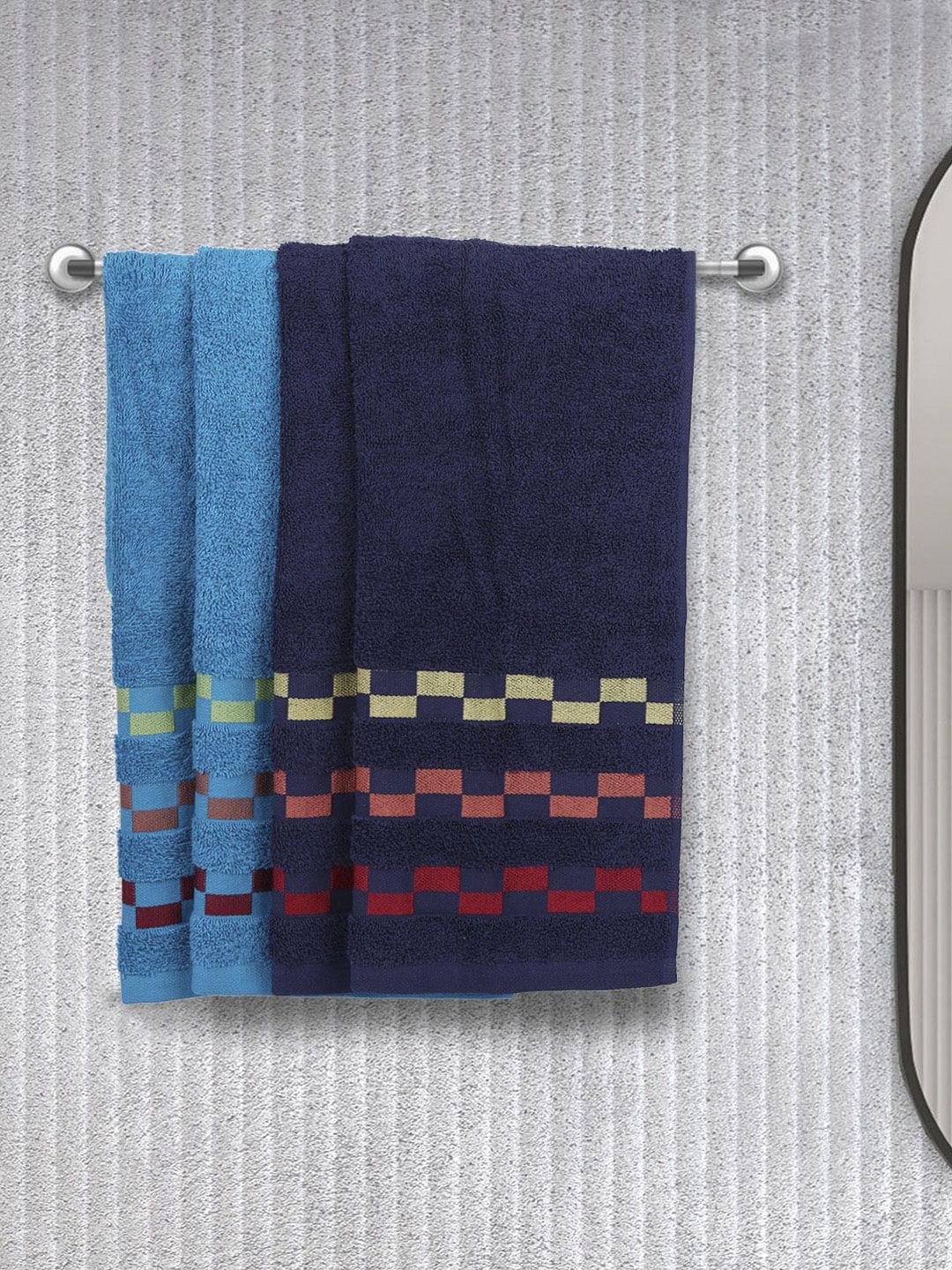 BIANCA Blue Set Of 4 Mercerized Cotton 450 GSM Bumpy-Striped Hand Towels