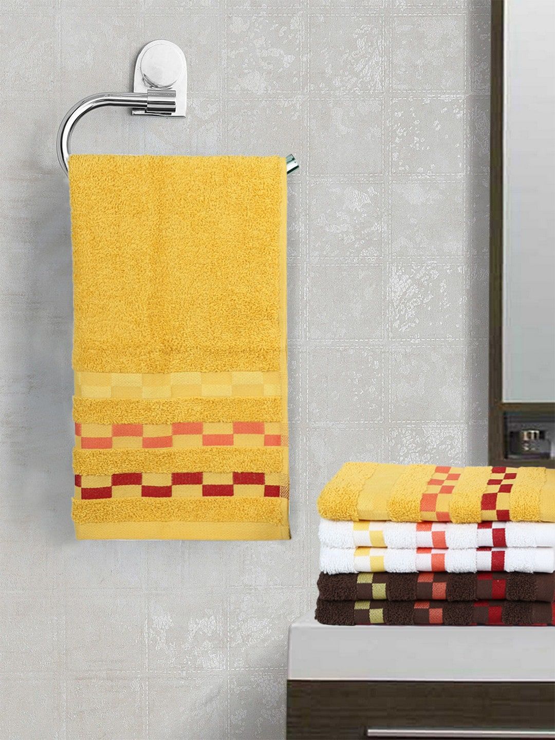 BIANCA Yellow & White Set Of 6 Mercerized Cotton 450 GSM Bumpy-Striped Hand Towels Price in India