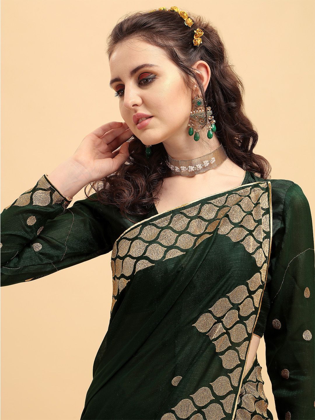 Sangria Olive Green & Brown Batik Embroidered Silk Blend Heavy Work Saree