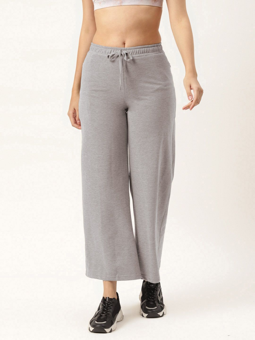 FEMEA Women Grey Melange Solid Wide Leg Bootcut Track Pants Price in India