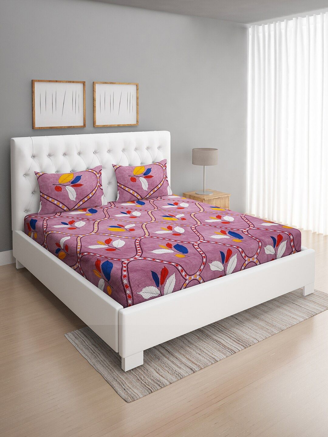 ROMEE Purple & Blue Floral 144 TC Queen Bedsheet with 2 Pillow Covers Price in India