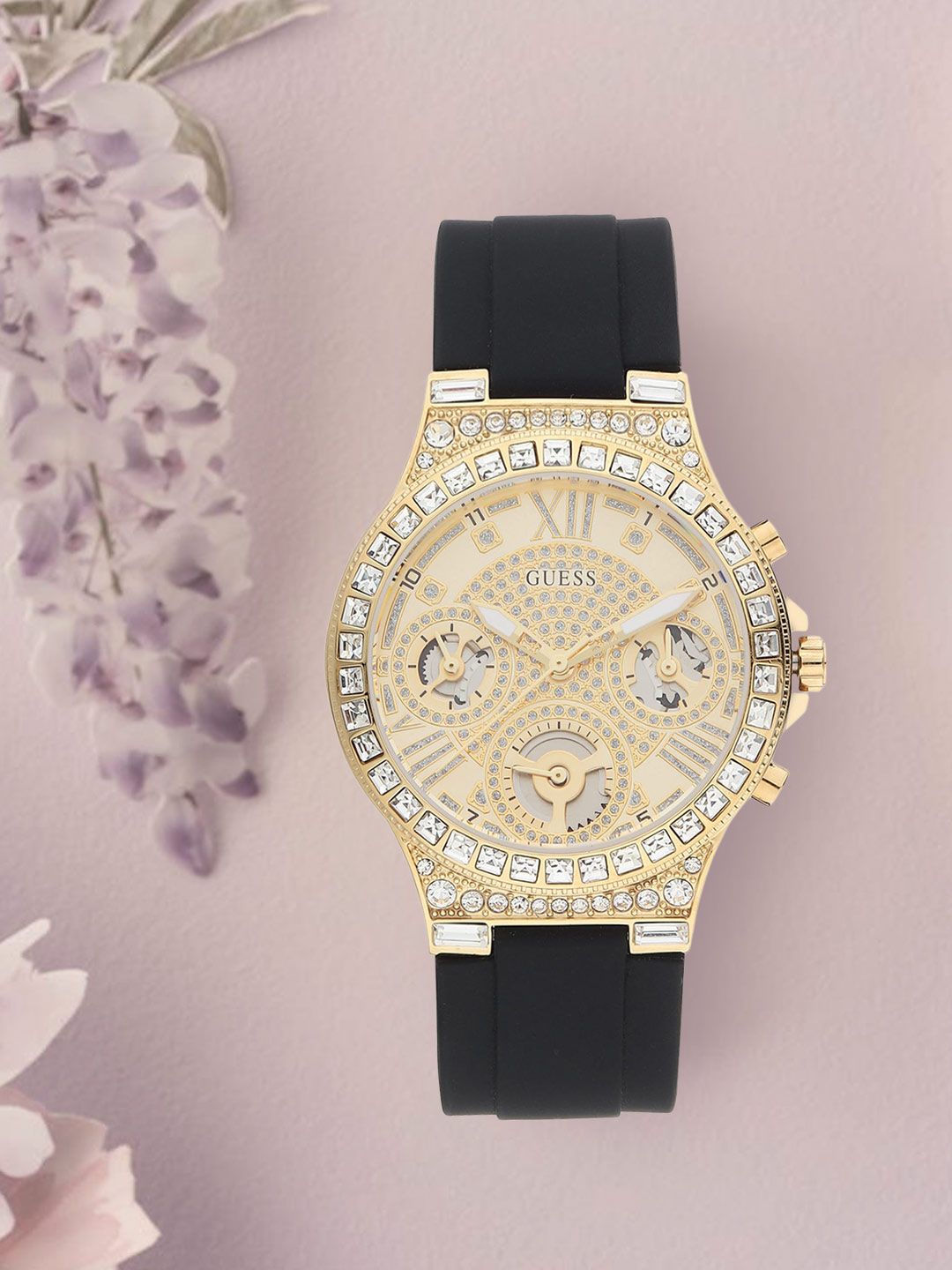 GUESS Women Gold-Toned Embellished Dial & Black Straps Analogue Watch GW0257L1 Price in India