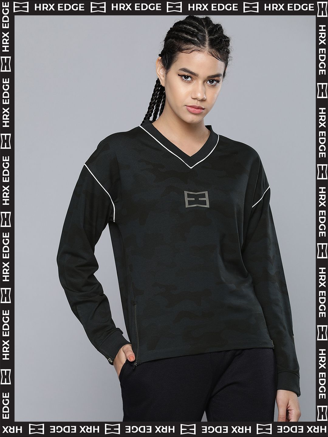 HRX By Hrithik Roshan EDGE Lifestyle Women Black Rapid-Dry Camouflage Sweatshirts Price in India