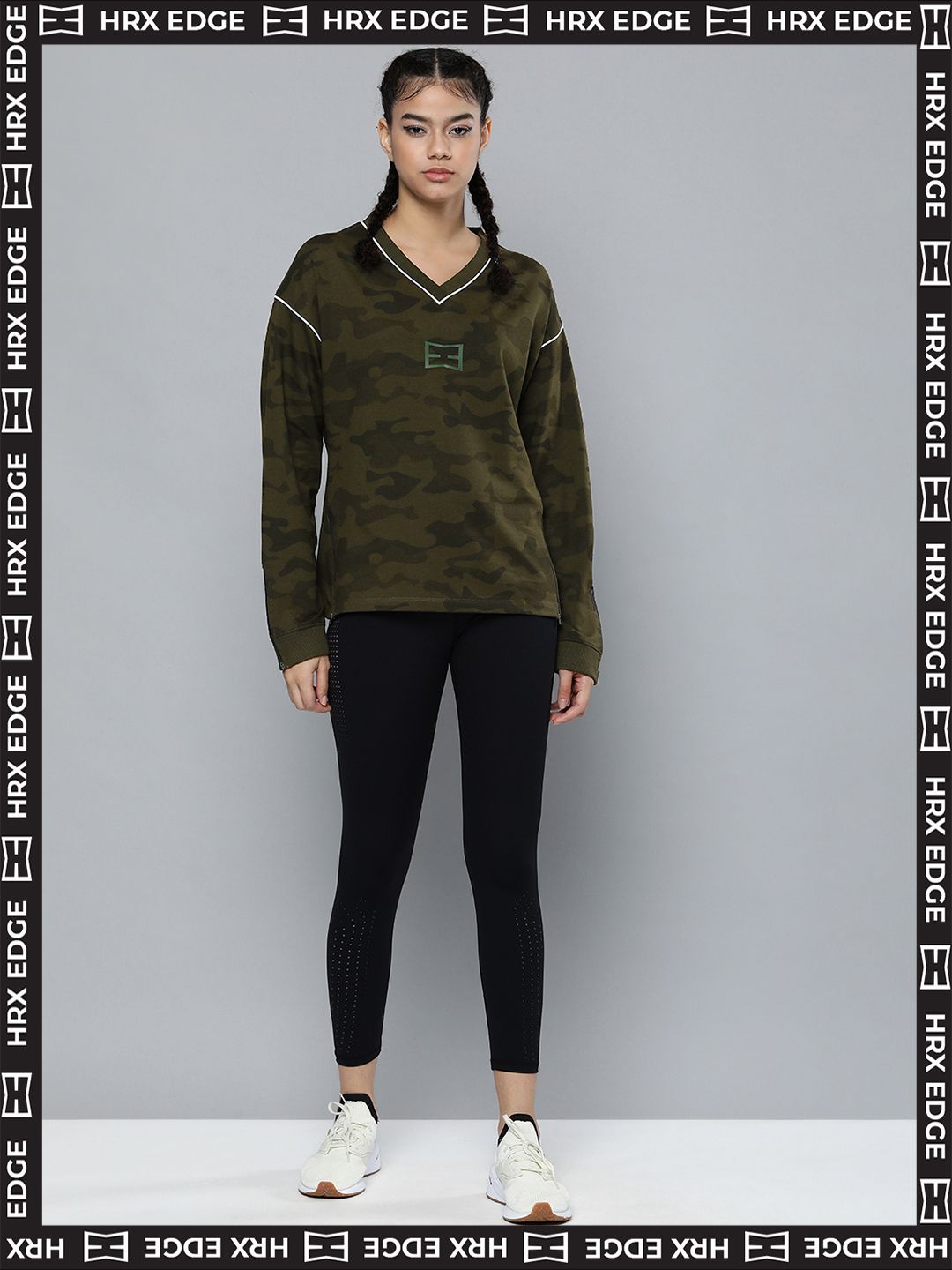 HRX By Hrithik Roshan EDGE Lifestyle Women Olive Rapid-Dry Camouflage Sweatshirts Price in India