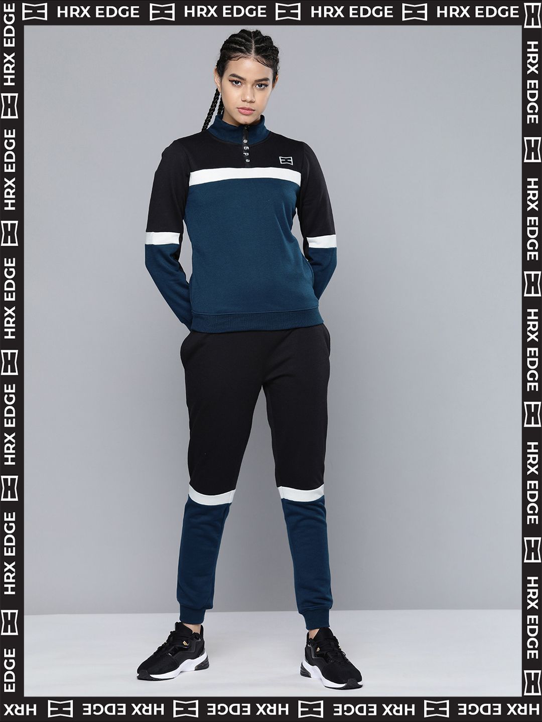 HRX By Hrithik Roshan EDGE Lifestyle Women Jet Black Rapid-Dry colourblock Tracksuits Price in India
