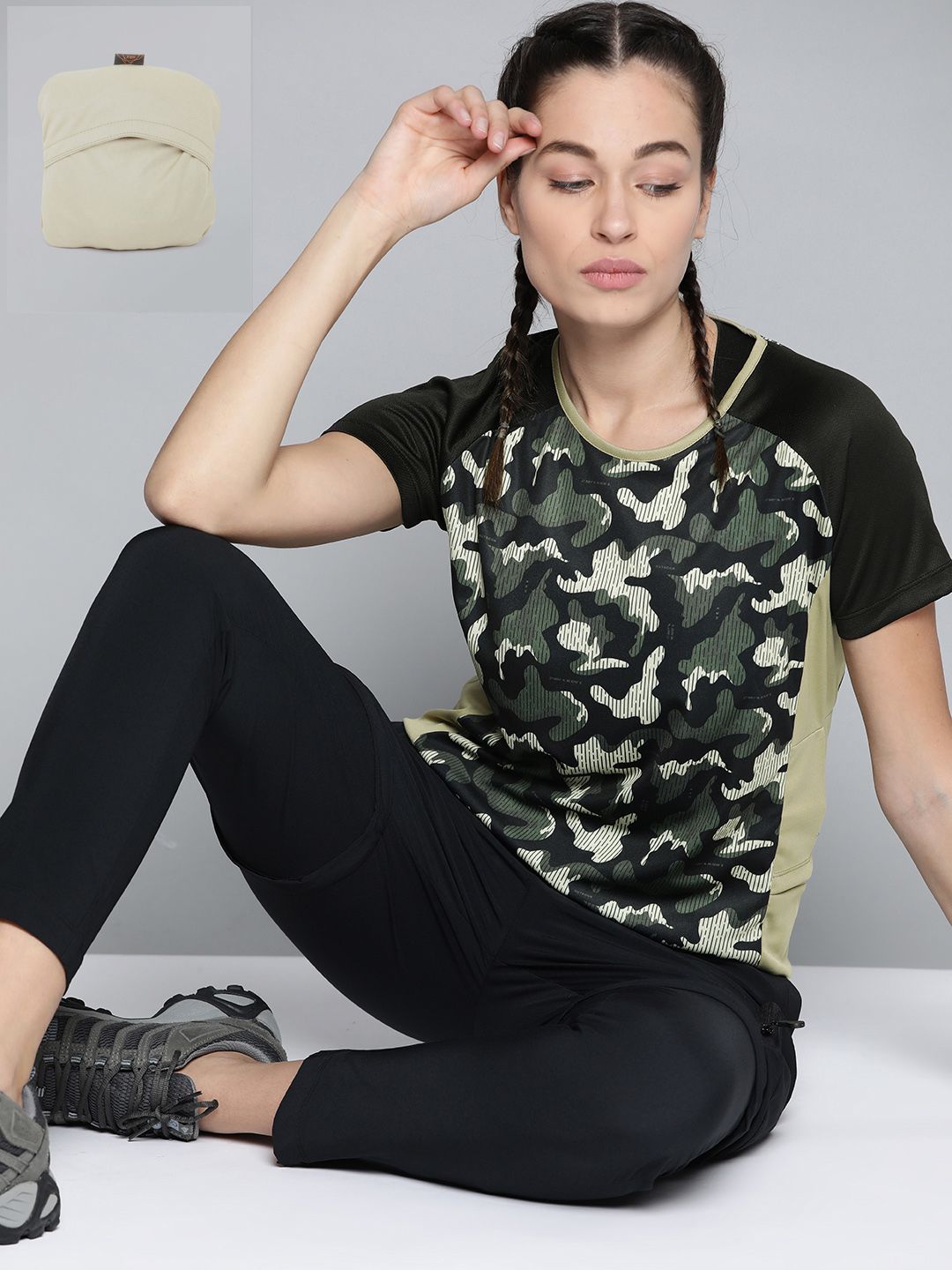 HRX By Hrithik Roshan Outdoor Women Jet Black Packable Camouflage Tshirt Price in India