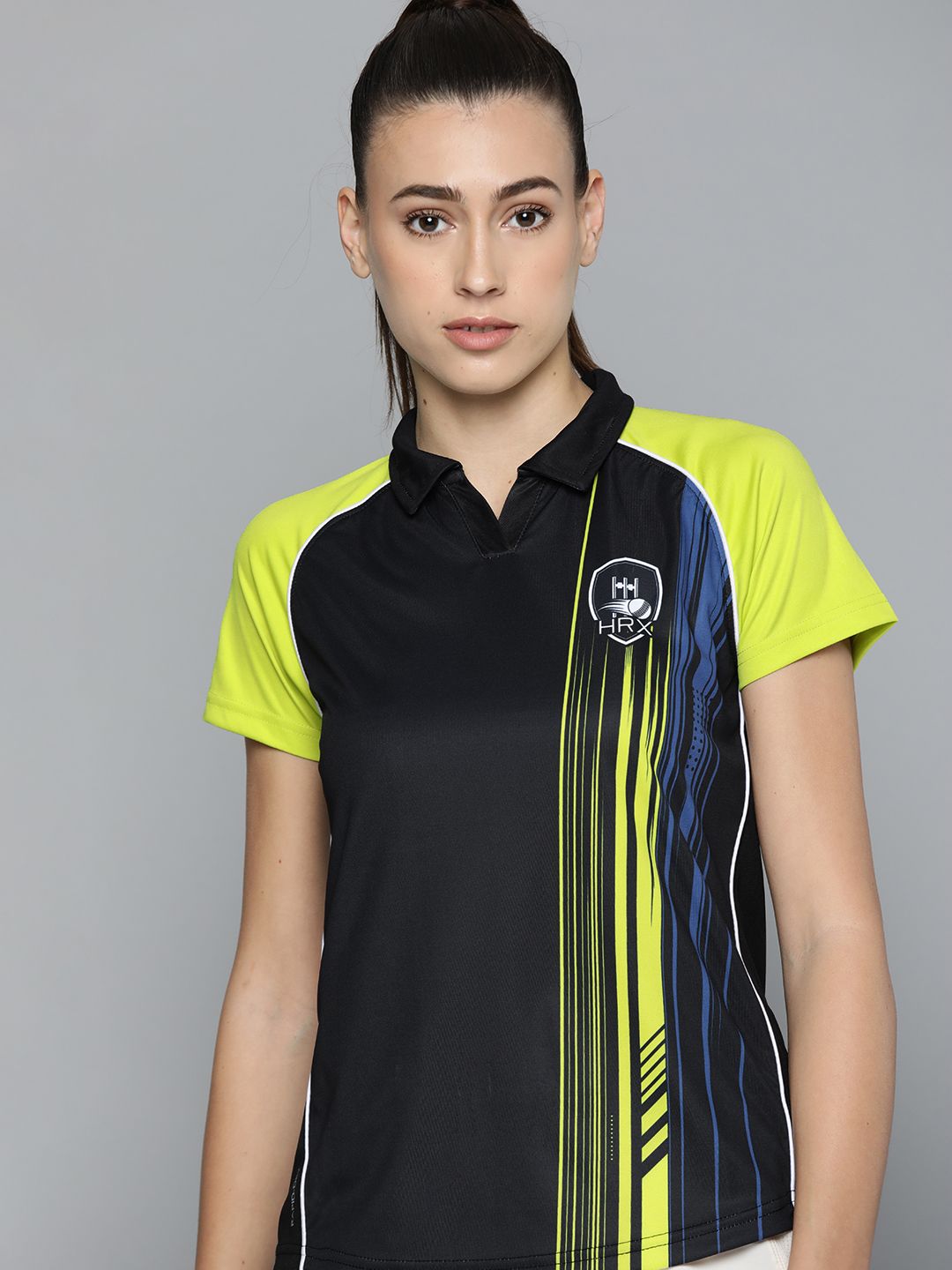 HRX by Hrithik Roshan Cricket Women Jet Black Rapid-Dry Striped Tshirts Price in India