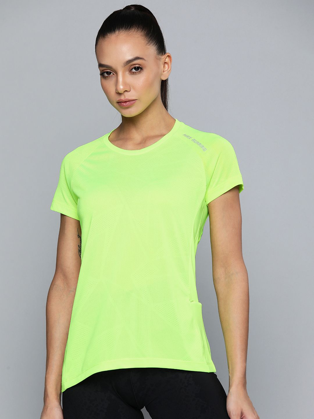 HRX By Hrithik Roshan Running Women Neon Lime Camouflage Tshirts Price in India