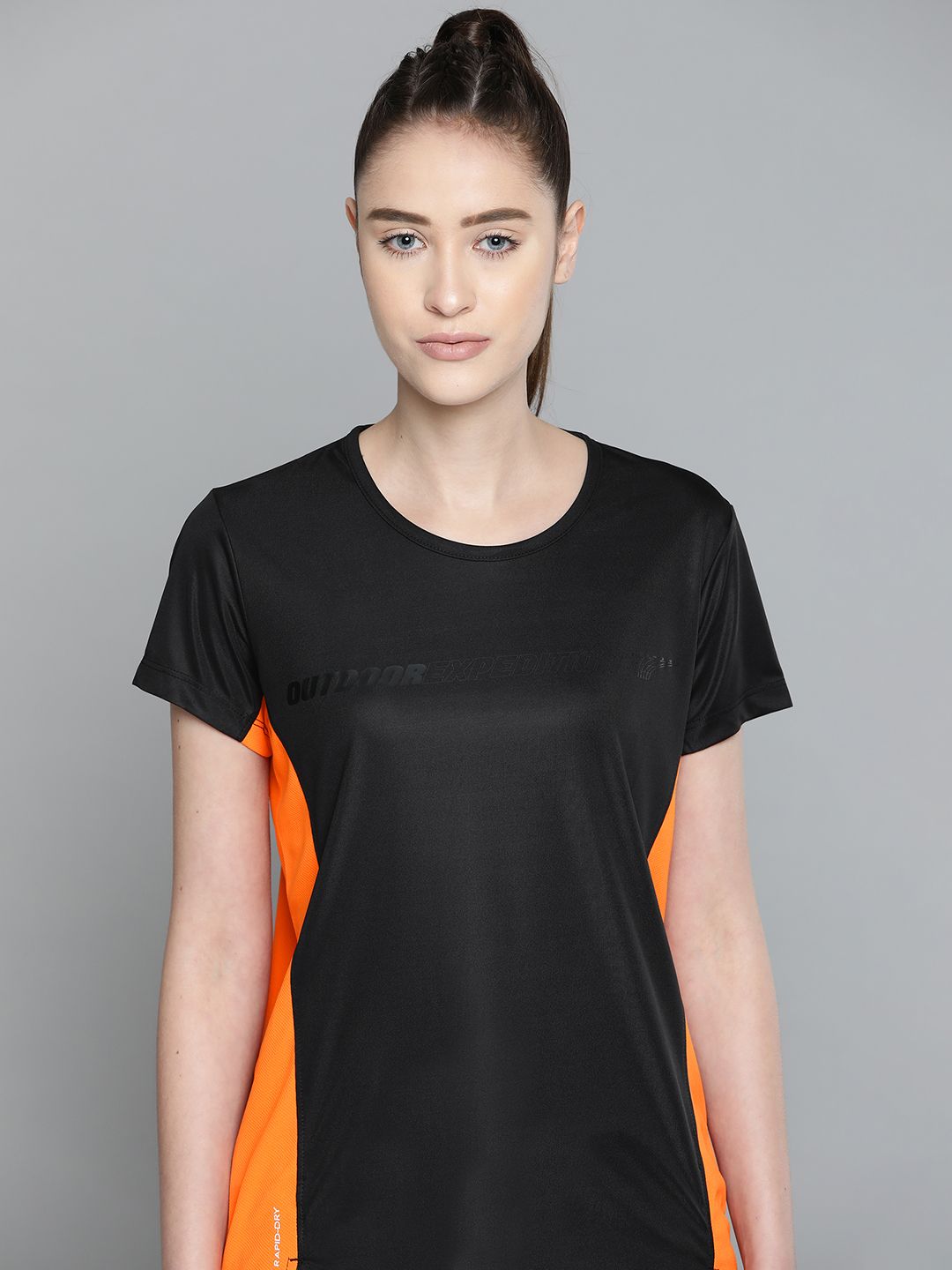 HRX By Hrithik Roshan Outdoor Women Jet Black Rapid-Dry Colourblock T-shirt Price in India