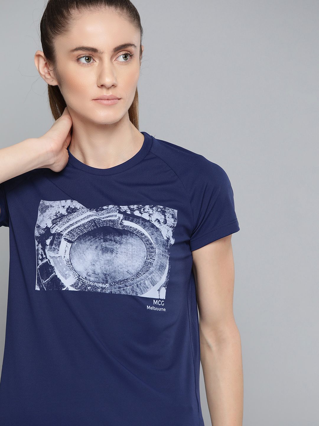 HRX By Hrithik Roshan Cricket Women Medieval Blue Rapid-Dry Graphic Tshirt Price in India
