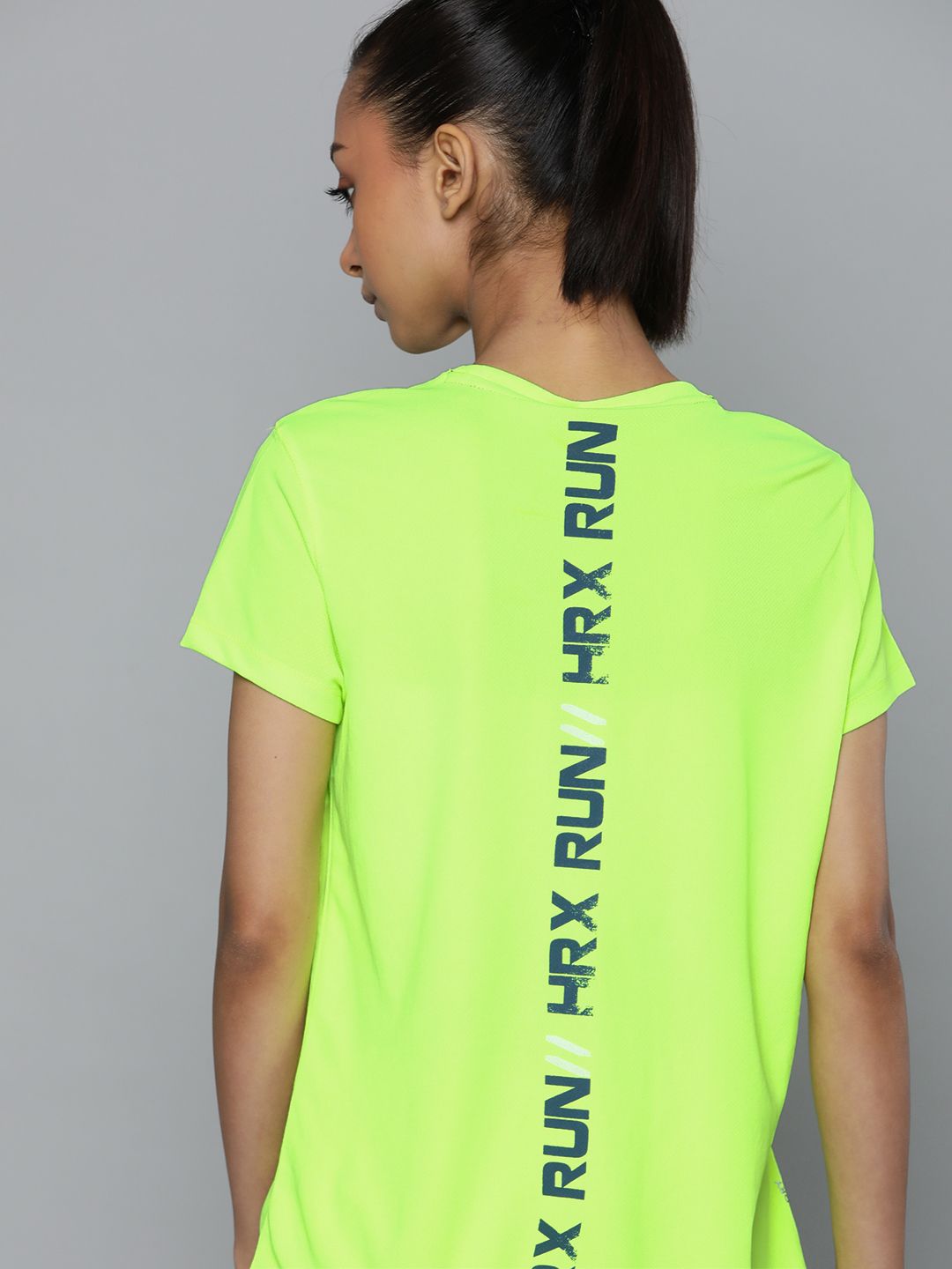 HRX by Hrithik Roshan Women Fluorescent Green Typography Printed Running T-shirt