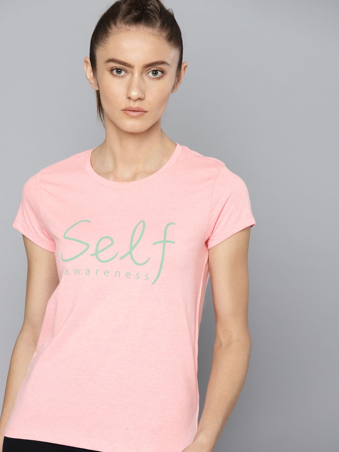HRX By Hrithik Roshan Women Pink Melange Cotton Typography Yoga  Sustainable T-shirt Price in India