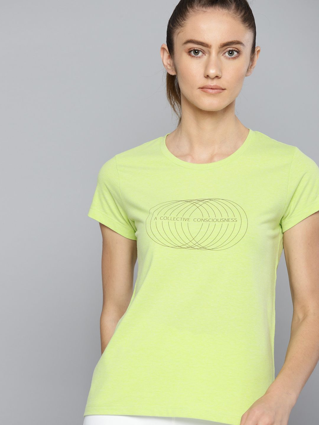 HRX by Hrithik Roshan Women Green Melange Cotton Typography Yoga T-shirt Price in India