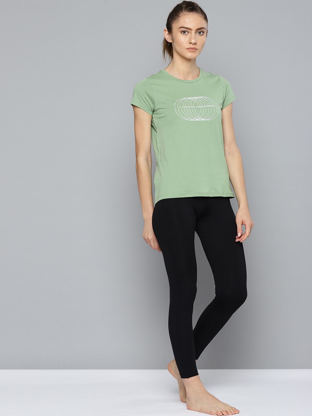 HRX by Hrithik Roshan Women Green Melange Cotton Typography Yoga T-shirt Price in India