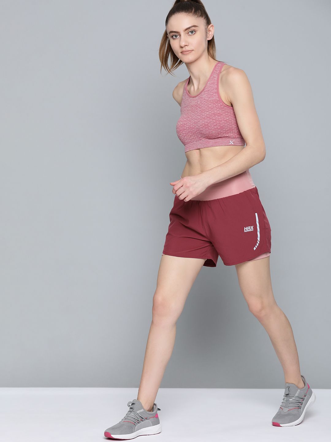 HRX by Hrithik Roshan Women Burgundy & Pink Colourblocked Antimicrobial Running Shorts Price in India
