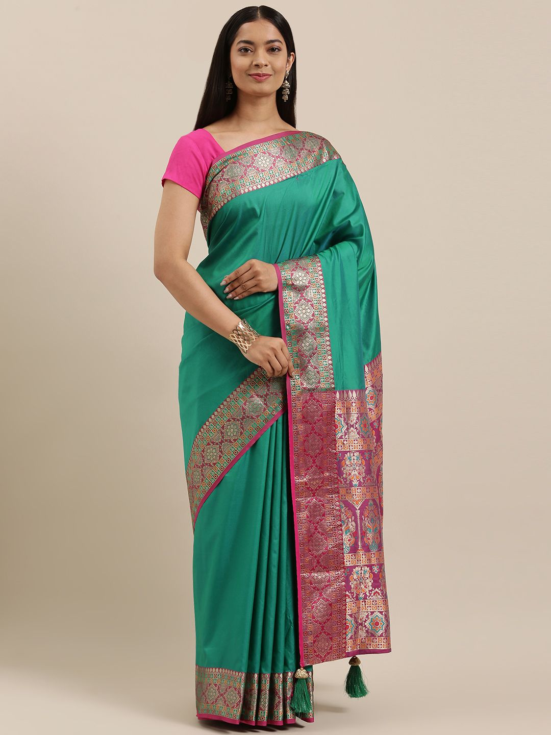 SANGAM PRINTS Teal Green Pure Silk Kanjeevaram Saree
