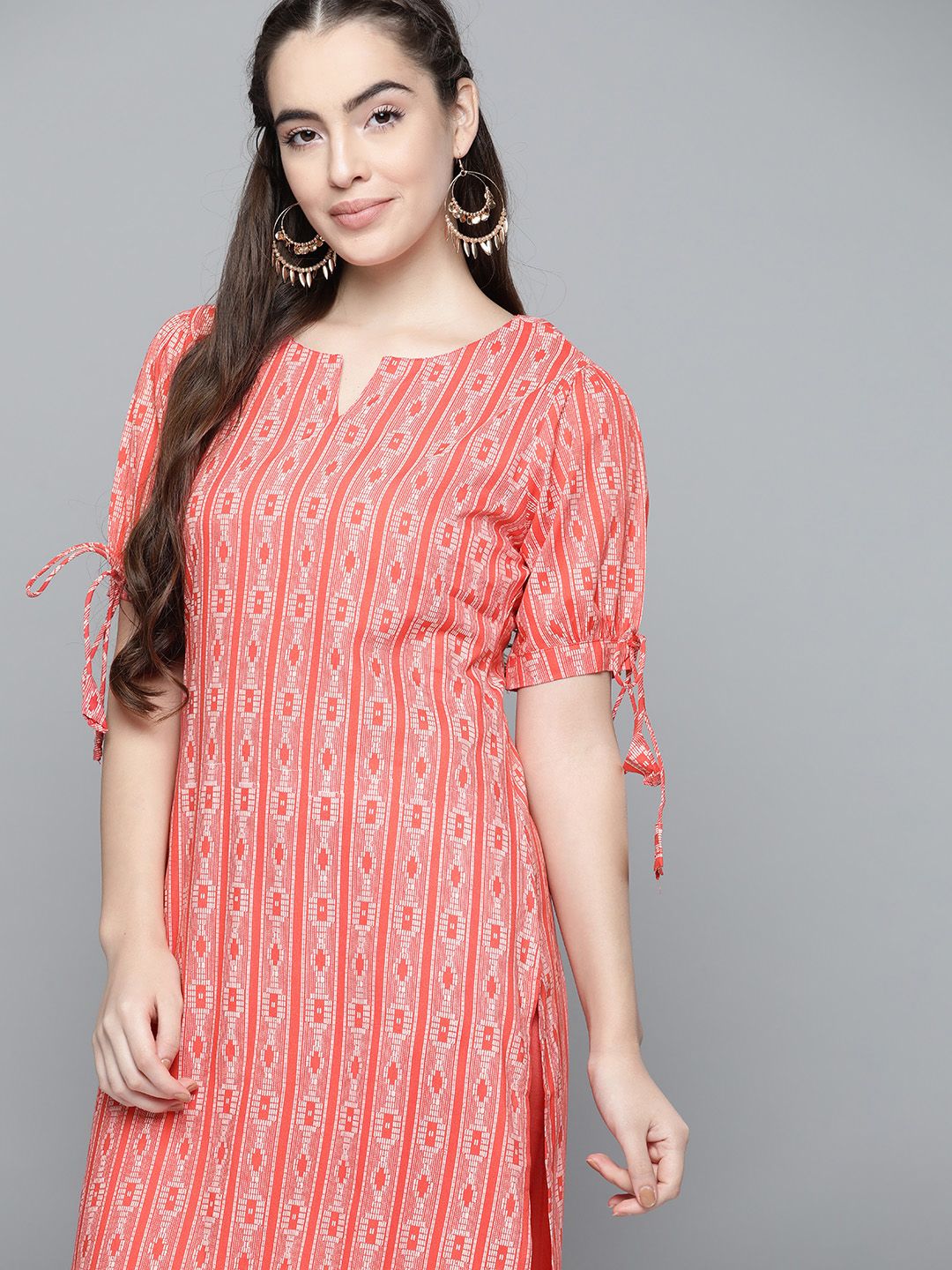 HERE&NOW Women Coral Orange & Off White Geometric Printed Straight Kurta Price in India