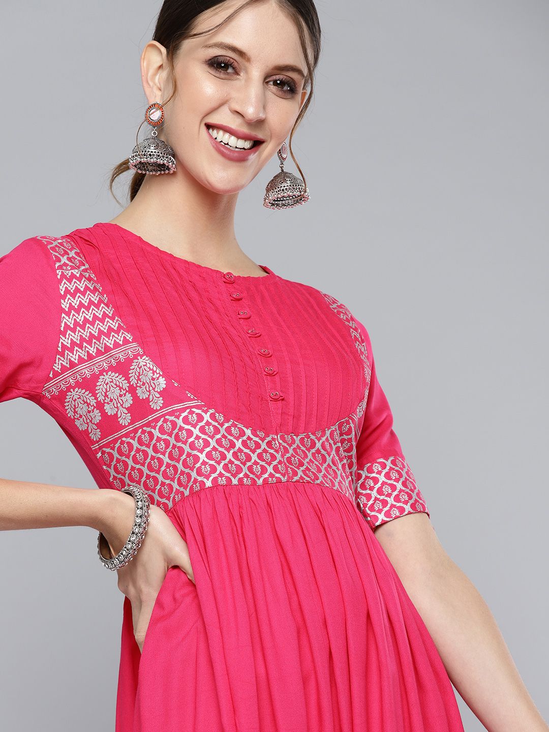 HERE&NOW Women Pink & Silver Ethnic Motifs Yoke Design Gathered Pleated Anarkali Kurta Price in India
