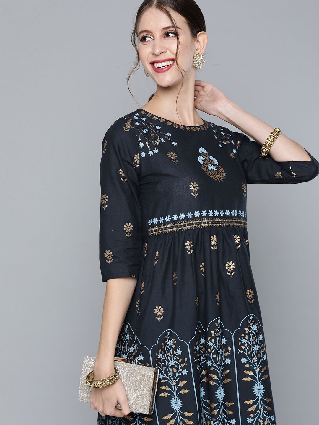 HERE&NOW Women Navy Blue & Golden Ethnic Motifs Printed Pure Cotton A-Line Kurta Price in India